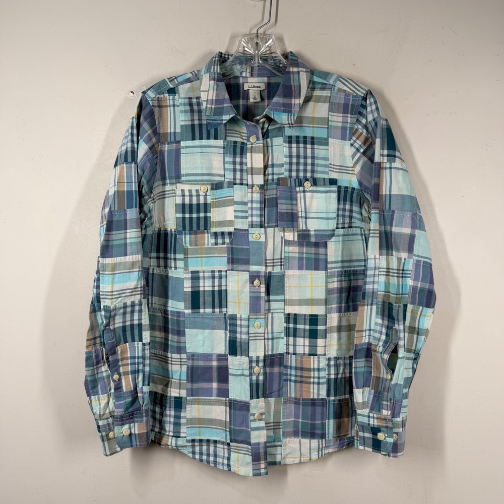 LL Bean Womens Blue Madras Patchwork Plaid Button Up Shirt Cotton Roll Tab Sz S